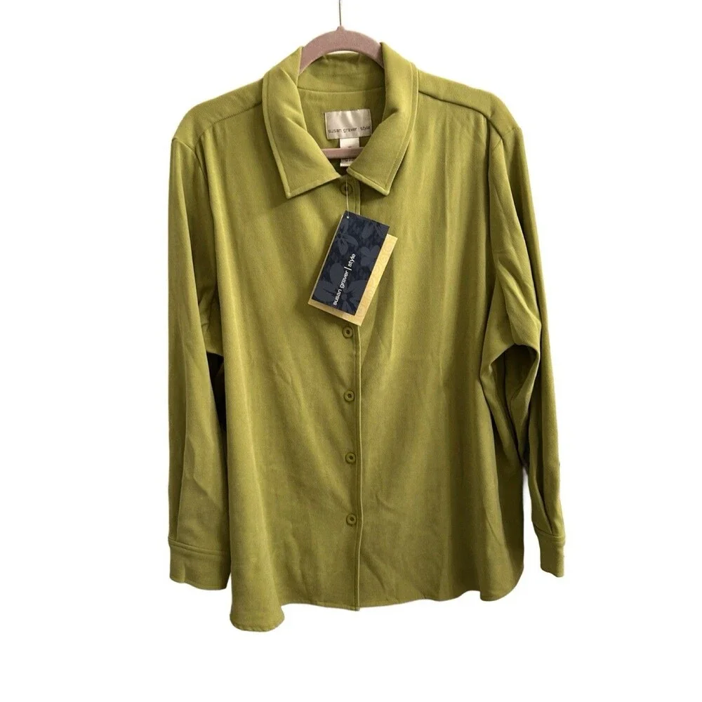 Susan Graver Women’s Green Long Sleeve Microsuede Button Up Top 1X Casual Career - Picture 2 of 7